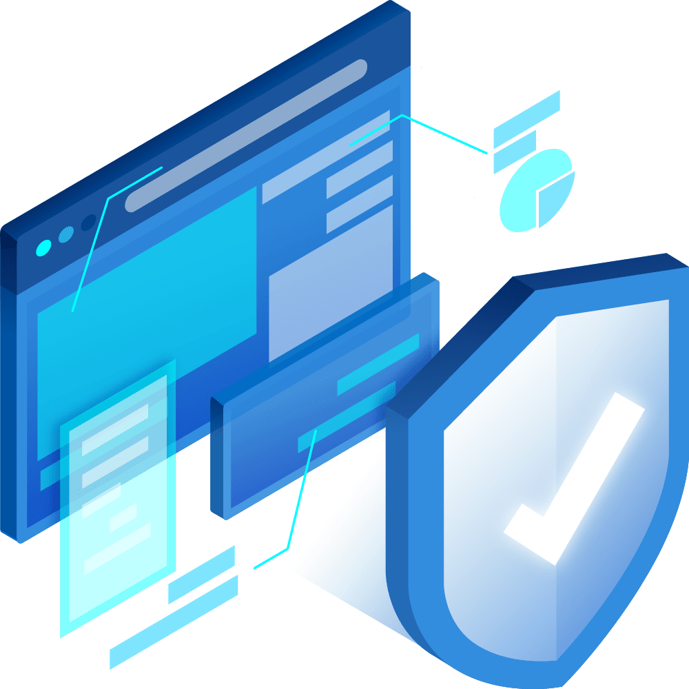 cybersecurity image showing a monitor and a shield with charts and graphs illustrating cybersecurity